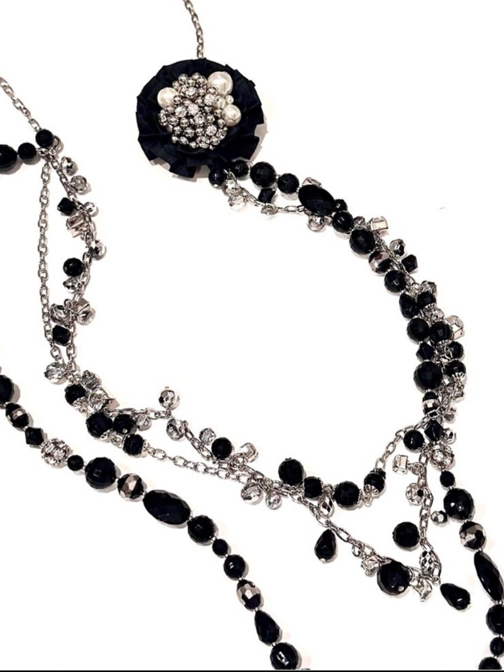WHBM | Silver Convertible Black Bead & Pearl Necklace w Removable Brooch | NEW